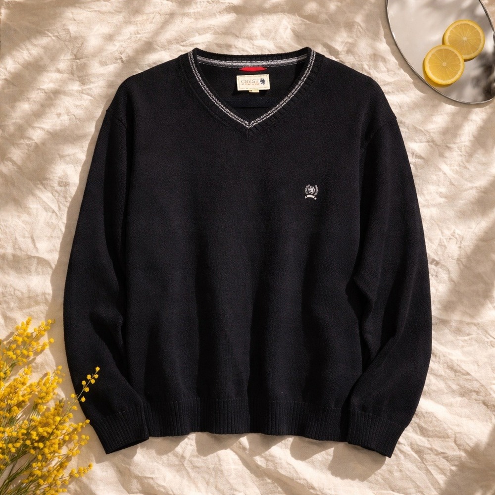 Crest by Tommy‎ Hilfiger L Vintage Black V-Neck Cotton Sweater Mens Y2K 90's